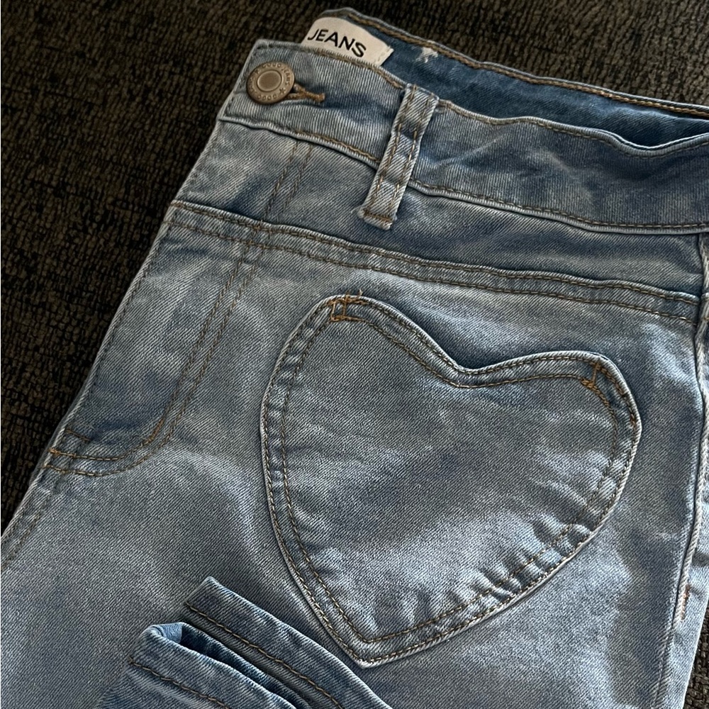 GOGO Light Blue Heart Pocket Straight Leg Jeans